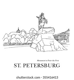 SAINT PETERSBURG, RUSSIA - "Bronze Horseman", monument to Peter the Great, St. Petersburg, Russia. Hand drawn sketch plus vector. Postcard, poster, calendar