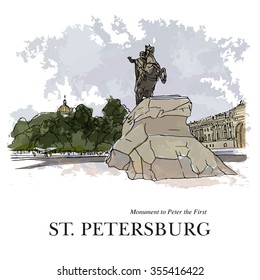 SAINT PETERSBURG, RUSSIA – "Bronze Horseman", monument to Peter the Great. Hand drawn sketch, illustration. Postcard, poster, calendar