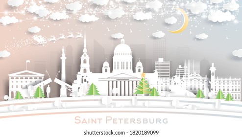 Saint Petersburg Russia City Skyline in Paper Cut Style with Snowflakes, Moon and Neon Garland. Vector Illustration. Christmas and New Year Concept. Santa Claus on Sleigh.