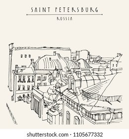 Saint Petersburg, Russia. High point view of old historical buildings in city center. Architecture drawing. Travel sketch, vintage hand drawn postcard. Vector illustration