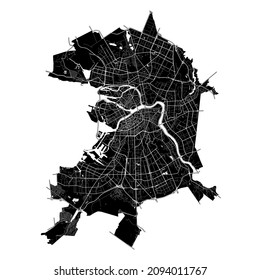 Saint Petersburg, Russia, high resolution vector map with city boundaries, and editable paths. The city map was drawn with white areas and lines for main roads, side roads and watercourses on black