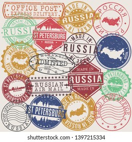 Saint Petersburg Russia Set of Stamps. Travel Stamp. Made In Product. Design Seals Old Style Insignia.