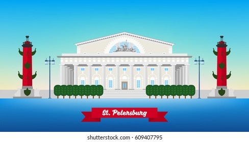 Saint Petersburg, Russia. Spit of Vasilyevskiy Island. Flat illustration of Rostral Columns and Exchange building