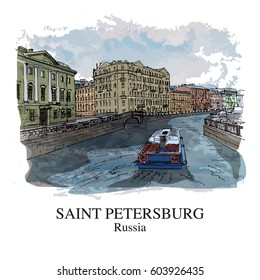 SAINT PETERSBURG, RUSSIA: View to Fontanka river. Hand drawn sketch. Poster, postcard, calendar