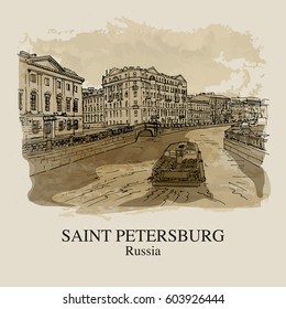 SAINT PETERSBURG, RUSSIA: View to Fontanka river. Hand drawn sketch. Poster, postcard, calendar