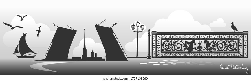 Sankt Petersburg Russische Stadt Schwarz-Weiß horizontale Banner. Silhouetten der Palastbrücke und der Petropavlovskaya-Festung.