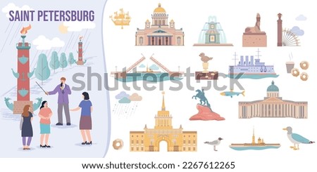 Saint petersburg set with flat isolated compositions of famous sights with group of tourists discovering russia vector illustration