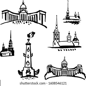 Saint Petersburg sights: Rostral column, Kazan cathedral, Peter and Paul Cathedral. Vector set of hand drawn city landmarks. Outline template for a tourist map or souvenir design