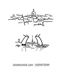 Saint Petersburg sights sketches. Vector black outline illustration of old city rooftops and drawbridges