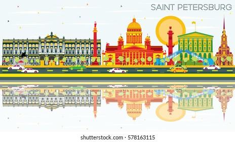 Sankt Petersburg Skyline mit Farbbauten, blauem Himmel und Spiegelungen. Vektorgrafik. Business Travel and Tourism Konzept. Bild für Präsentationsbanner-Platzierung und Website.