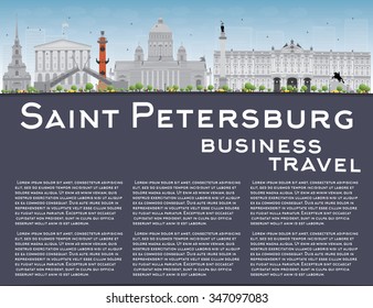 Saint Petersburg skyline with grey landmarks and copy space. Business travel and tourism concept with historic buildings. Image for presentation, banner, placard and web site. Vector illustration