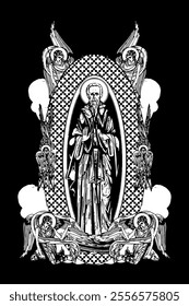 Saint Petrit Korishes. Illustration with angels and seraphim in heaven black and white in Byzantine style