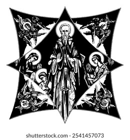 Saint Petrit Korishes on cross dome with 4 apostles, angels and seraphim. Ink illustration black and white in Byzantine style isolated