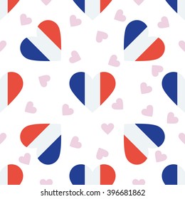 Saint Pierre And Miquelon flag independence day seamless pattern. Patriotic country flag background. Saint Pierre And Miquelon flag in the shape of heart. Vector seamless pattern.