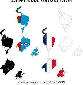 Saint Pierre and Miquelon Map Bundle with Flag, Black Silhouette and Detailed Outline Contours