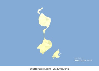 Mapa de San Pedro y Miquelón en estilo de Vector de polígono bajo, ilustración de forma geométrica con tonos amarillos suaves sobre fondo azul, silueta limpia para infografía.