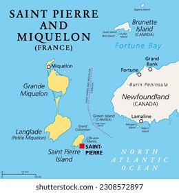Saint Pierre and Miquelon, political map. Archipelago and self-governing territorial overseas collectivity of France in the North Atlantic Ocean, near Canadian province of Newfoundland and Labrador.