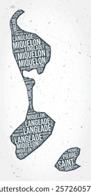 Saint Pierre and Miquelon regions word clouds. Country shape on textured background. Saint Pierre and Miquelon design in typographic style. Vibrant vector illustration.