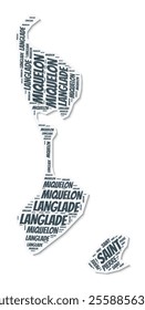 Saint Pierre and Miquelon shape text cloud. Country border with shadow on white background. Saint Pierre and Miquelon with regions division in vintage gazette style. Beautiful vector illustration.