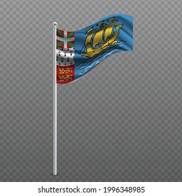 Saint Pierre and Miquelon waving flag on metal pole. Vector illustration.