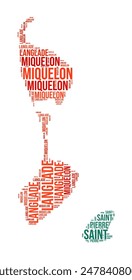 Saint Pierre and Miquelon Word Cloud. Country shape with region division. Saint Pierre and Miquelon typography style image. Region names tag clouds. Vector illustration.