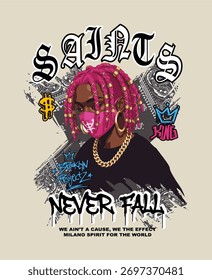 A saint with pink dreadlocks and a mask, ready for streetwear.Slogan patches, slogan logos
