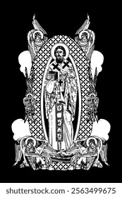 Saint Sava Serbian. Illustration with angels and seraphim in heaven black and white in Byzantine style