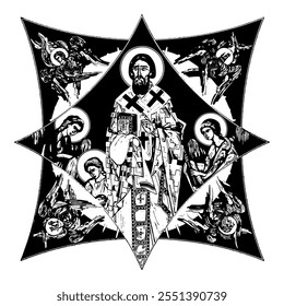 Saint Sava Serbian on cross dome with 4 apostles, angels and seraphim. Ink illustration black and white in Byzantine style isolated