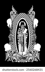 Saint Simeon Popovic. Illustration with angels and seraphim in heaven black and white in Byzantine style