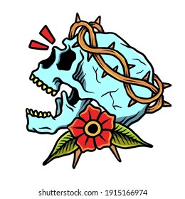 Saint Skull with Rose Old School Tattoo Illustration