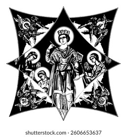 Saint Solomon on cross dome with 4 apostles, angels and seraphim. Ink illustration black and white in Byzantine style isolated