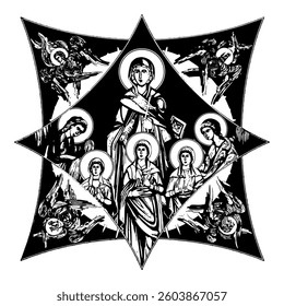 Saint Sophia on cross dome with 4 apostles, angels and seraphim. Ink illustration black and white in Byzantine style isolated