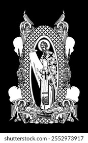 Saint Spyridon, Bishop of Trimythous. Illustration with angels and seraphim in heaven black and white in Byzantine style