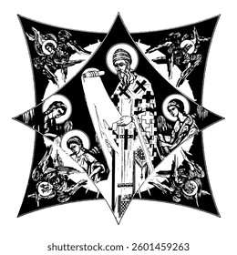 Saint Spyridon, Bishop of Trimythous on cross dome with 4 apostles, angels and seraphim. Illustration in Byzantine style isolated