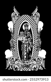 Saint Stefan Milutin. Illustration with angels and seraphim in heaven black and white in Byzantine style