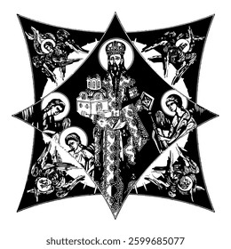 Saint Stefan Milutin on cross dome with 4 apostles, angels and seraphim. Ink illustration black and white in Byzantine style isolated