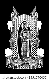 Saint Stefan Urosh I. Illustration with angels and seraphim in heaven black and white in Byzantine style