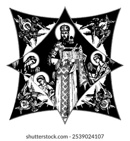 Saint Stefan Urosh I on cross dome with 4 apostles, angels and seraphim. Ink illustration black and white in Byzantine style isolated