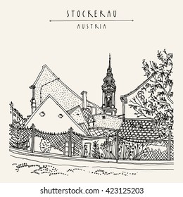 Saint Stephen Parish Church in Stockerau, Lower Austria, Europe, through a fence. Belfry, houses, flower garden, trees. Retro travel postcard, poster, book illustration in vector