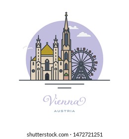Saint Stephens Cathedral and Prater ferris wheel, Vienna, flat vector illustration. Tourism and travel icon.