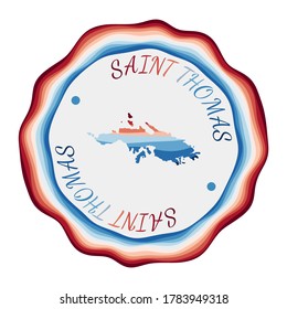 Saint Thomas badge. Map of the island with beautiful geometric waves and vibrant red and blue frame. Vivid round Saint Thomas logo. Vector illustration.