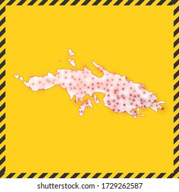 Saint Thomas closed - virus danger sign. Lockdown island icon. Black striped border around map with virus spread concept. Vector illustration.
