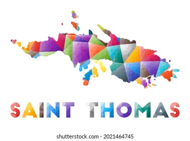 Santo Tomás - colorida forma de isla de poli baja. Triángulos geométricos multicolor. Diseño moderno y de moda. Ilustración vectorial.