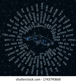 Saint Thomas digital map. Binary rays radiating around glowing island. Internet connections and data exchange design. Vector illustration.