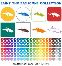 Saint Thomas icons collection. Bright colorful trendy map icons. Modern Saint Thomas badge with island map. Vector illustration.