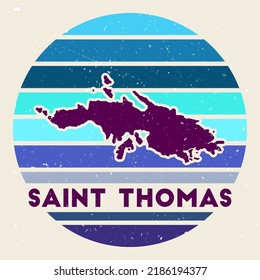 Saint Thomas logo. Sign with the map of island and colored stripes, vector illustration. Can be used as insignia, logotype, label, sticker or badge of the Saint Thomas.