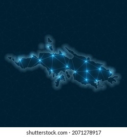 Saint Thomas network map. Abstract geometric map of the island. Digital connections and telecommunication design. Glowing internet network. Classy vector illustration.