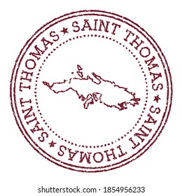 Saint Thomas round rubber stamp with island map. Vintage red passport stamp with circular text and stars, vector illustration.