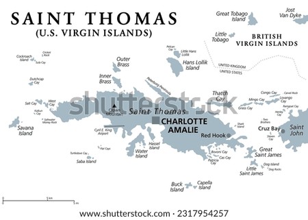 Saint Thomas, United States Virgin Islands, gray political map. One of the three largest islands of the USVI. The territorial capital and port of Charlotte Amalie is also located on the island. Vector