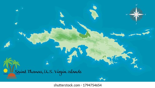 Saint Thomas US Virgin Islands Vector Map with Compass Rose